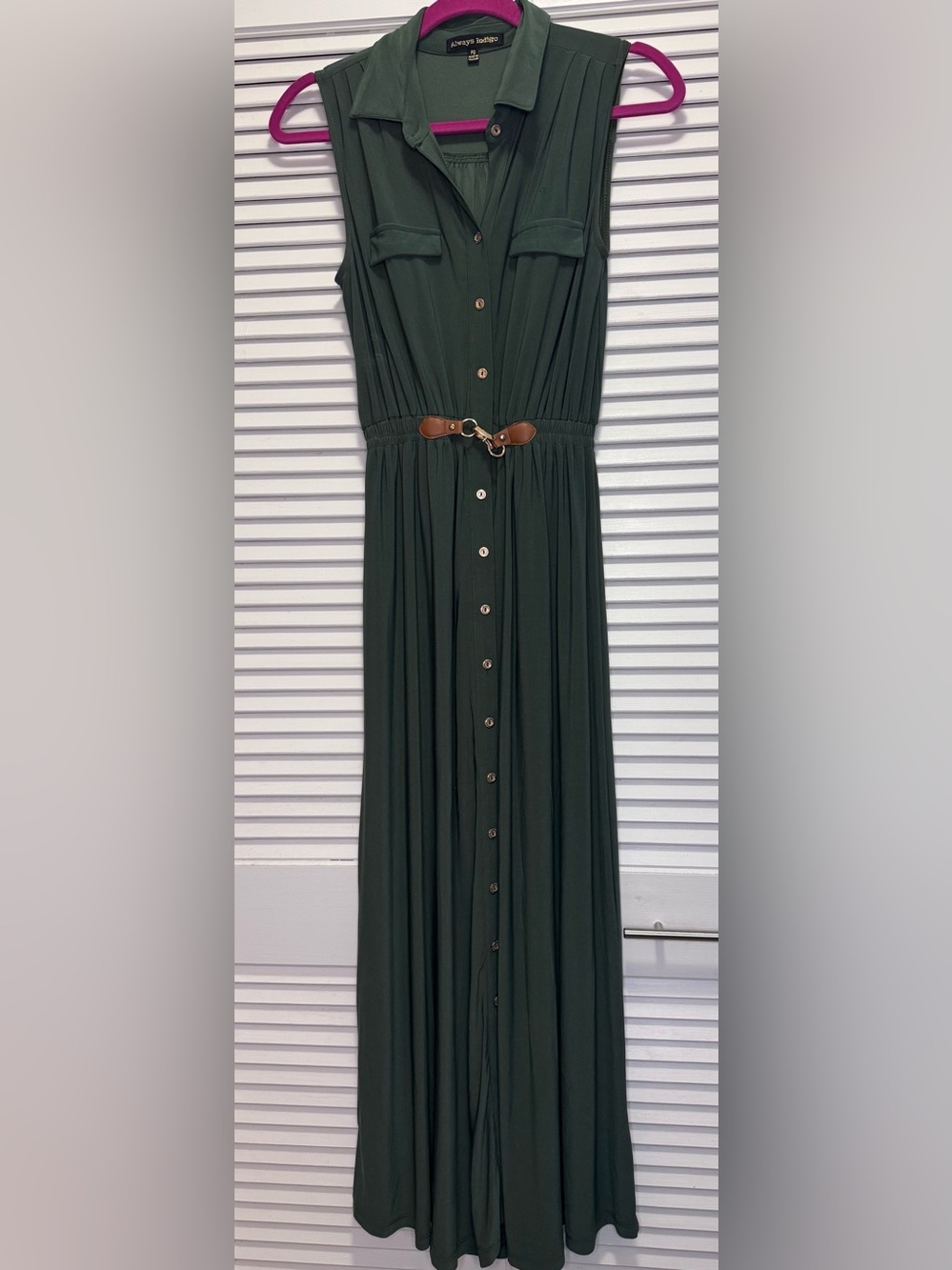 Dark Green Button-Front Maxi Dress with Brown Belt